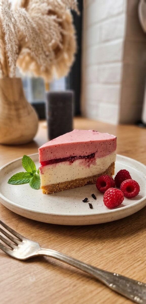 Felie de cheesecake cu zmeură, pe farfurie, cu zmeură proaspătă alături