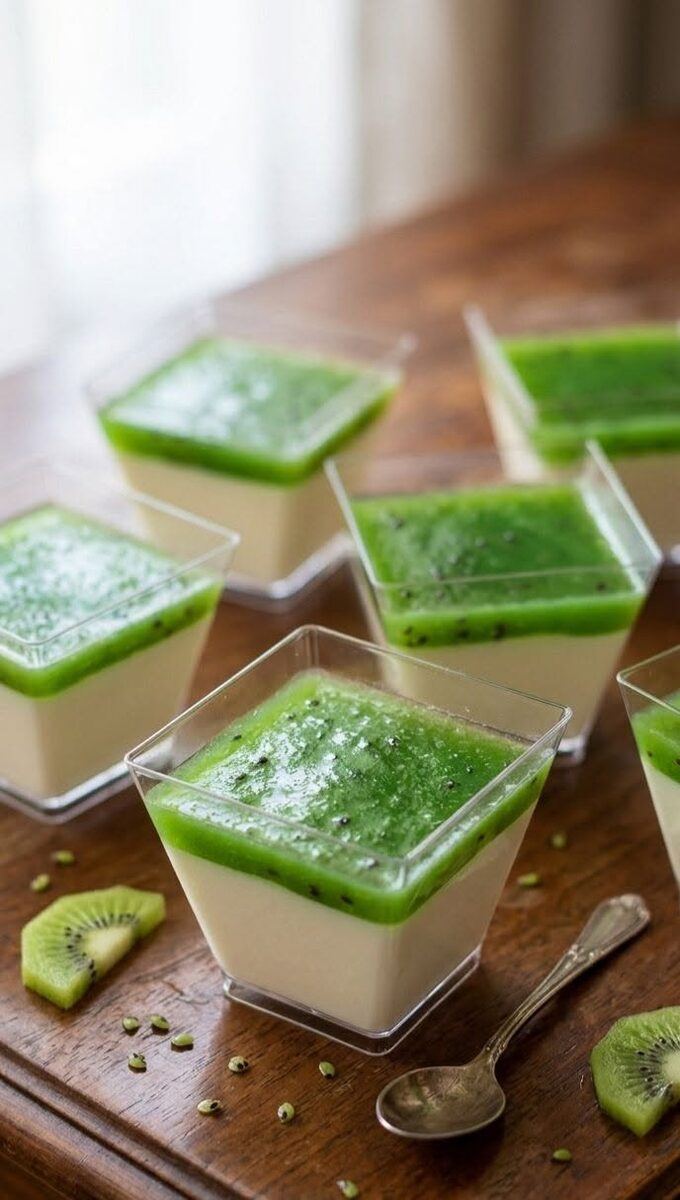 Deserturi la pahar cu strat verde deasupra, cu felii de kiwi alături